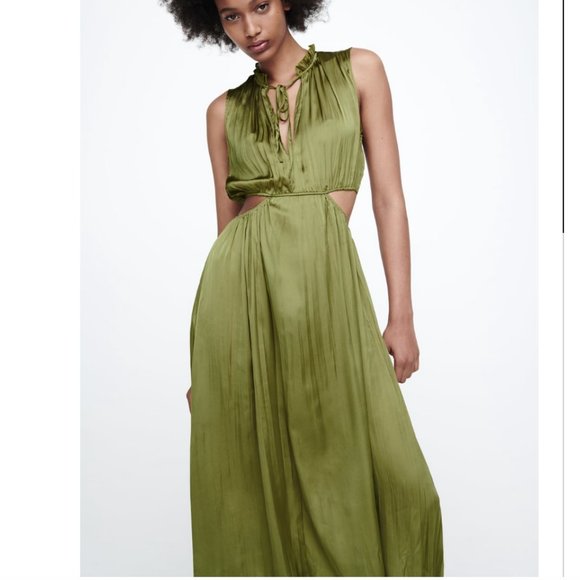 NWT ZARA WRINKLE EFFECT CUT OUT DRESS OLIVE GREEN - Picture 7 of 8